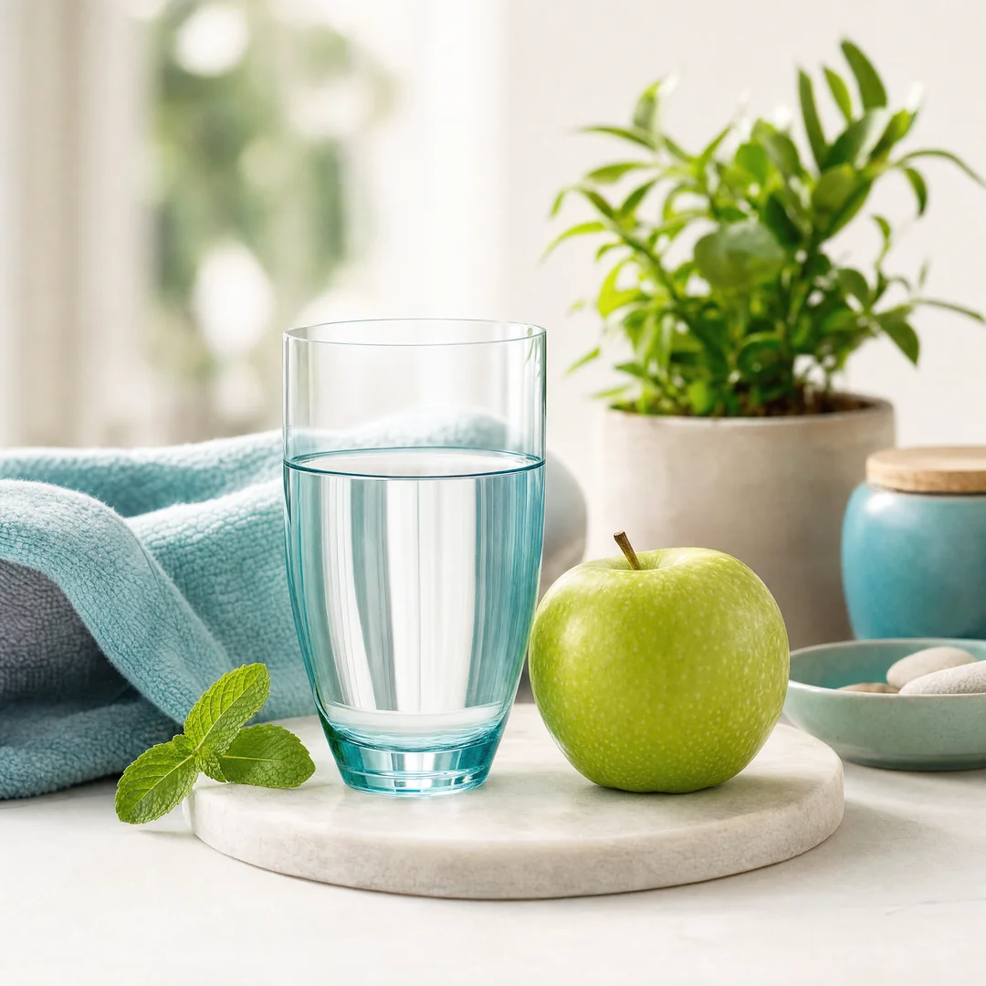 Mela e bicchiere d'acqua — prevenzione e alimentazione che protegge i denti