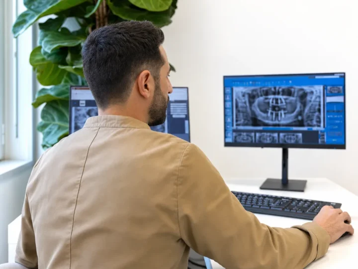 Clinico al monitor con esame Cone Beam 3D — diagnosi e pianificazione digitale