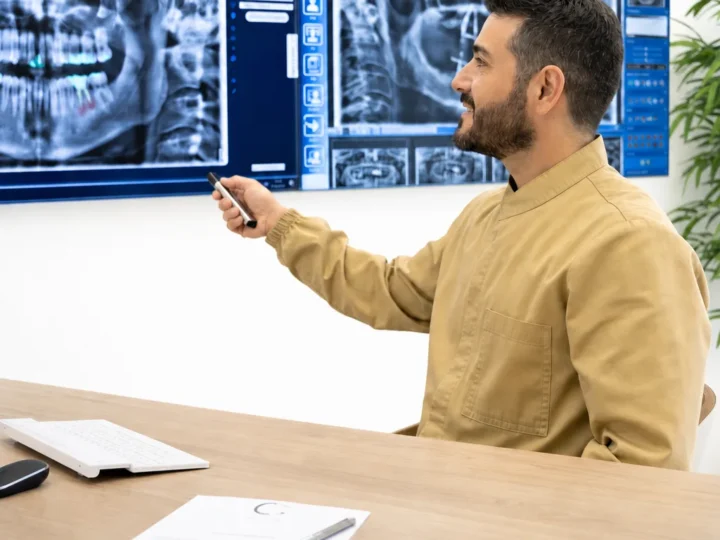 Clinico illustra le radiografie panoramiche sul monitor — refertazione e diagnosi condivisa