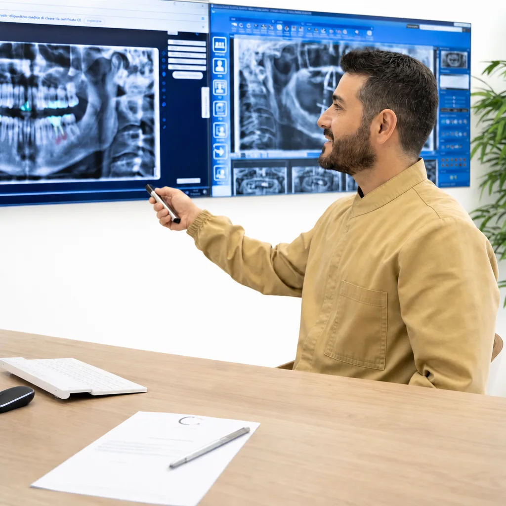 Clinico illustra le radiografie panoramiche sul monitor — refertazione e diagnosi condivisa
