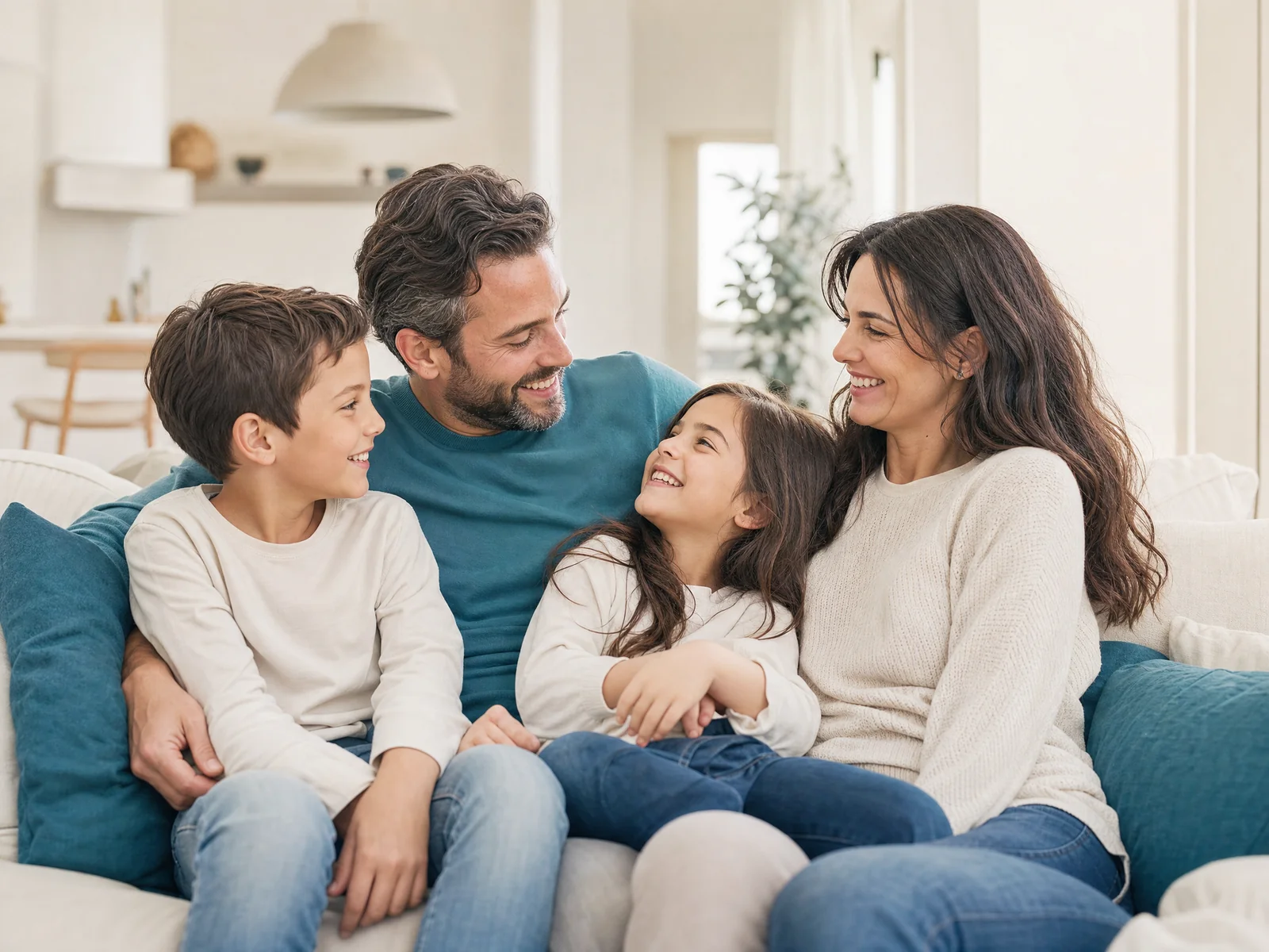Famiglia serena sul divano di casa — la salute orale di tutta la famiglia